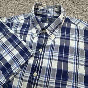 Polo Ralph Lauren Shirt Mens Size Medium Seersucker Blue Check Short Classic Fit